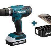 Аккум. дрель-шуруповерт MAKITA HP 488 DWE в чем. + Набор насадок 31 шт. (Е-03084) (18.0 В, 2 акк., 1.5 А/ч Li-Ion, 2 скор., 42 Нм, шурупы до 10 мм)