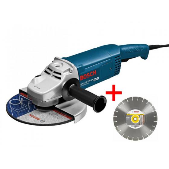 Двуручная углошлифмашина BOSCH GWS 22-230 JH в кор. + АКЦИЯ (Алмазный круг 230х22 мм) (2200 Вт, диск 230х22 мм, плавный пуск, без регул. об.)