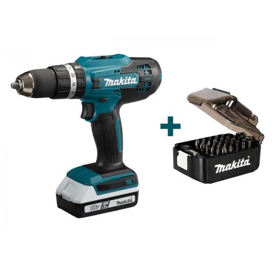 Аккум. дрель-шуруповерт MAKITA HP 488 DWE в чем. + Набор насадок 31 шт. (Е-03084) (18.0 В, 2 акк., 1.5 А/ч Li-Ion, 2 скор., 42 Нм, шурупы до 10 мм)